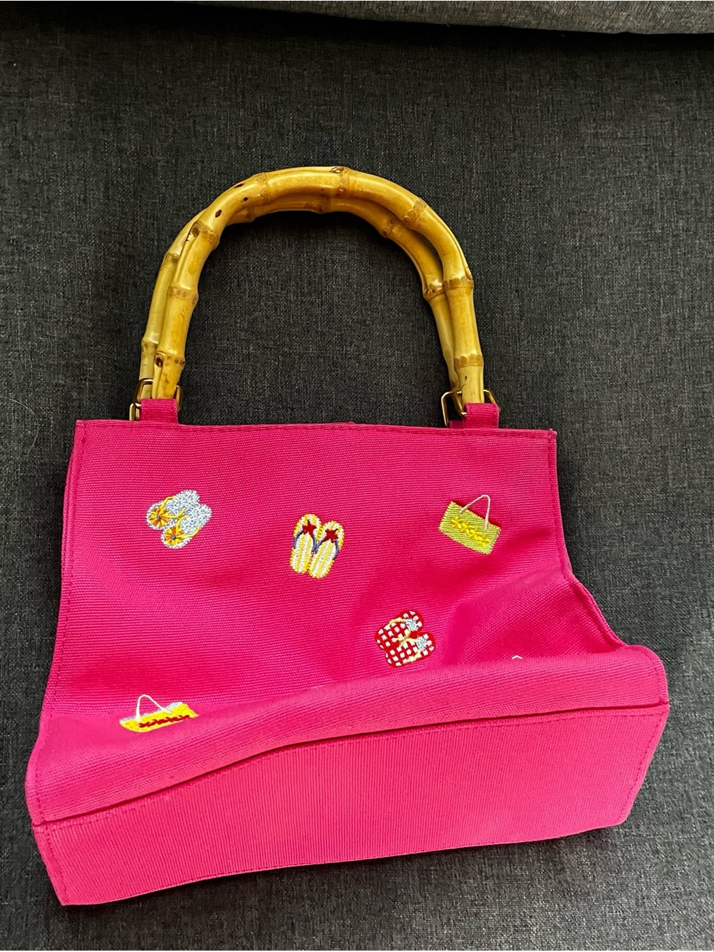 Bright Pink Bamboo-Handle Tote Bag with Embroidered Accents